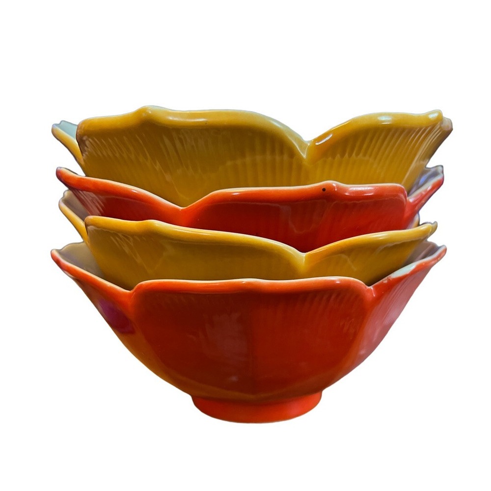 VTG Set Of 4 Lotus Porcelain Rice Bowls ORANGE & YELLOW Flower‎ Petal Japan